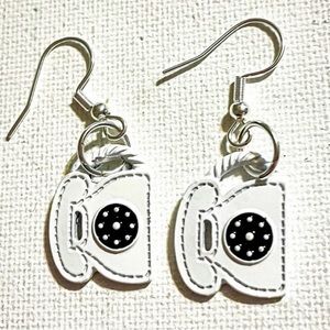 White Metal Rotary Phone Dangle Earrings